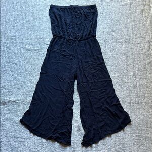 Chic Navy Blue Strapless Flowy Wide Leg Pantsuit, Chatoyant